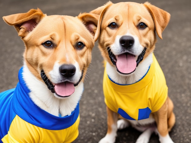 Dos perros con una camiseta azul y amarilla que dice 'te amo'