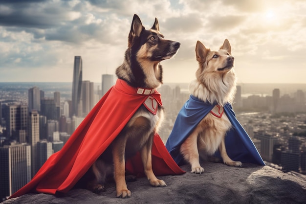 Dos perros con una capa y una capa roja están sentados en una repisa con un paisaje urbano al fondo.