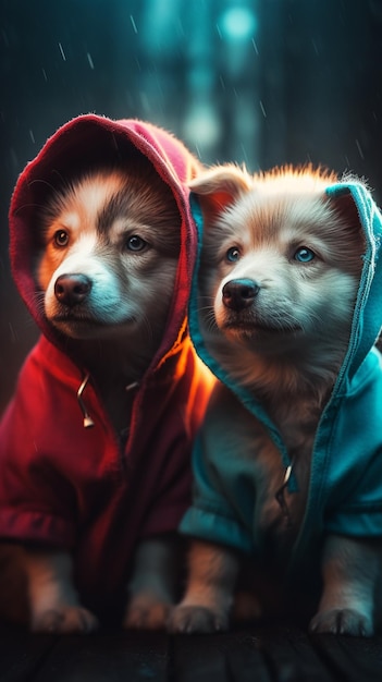 Dos perros con capucha, uno con capucha roja y el otro con capucha azul.