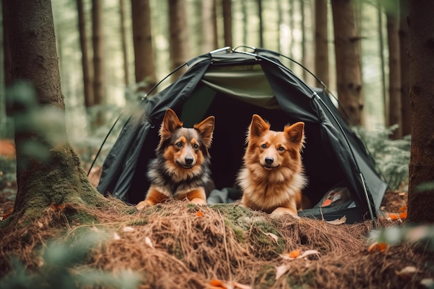 Dos perros en una carpa en el bosque