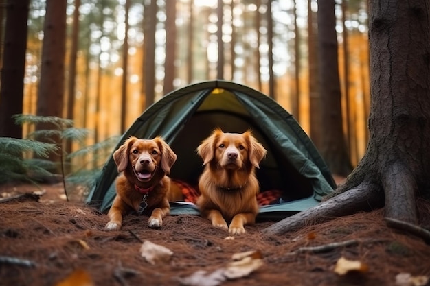 Dos perros en una carpa en el bosque