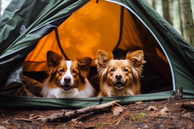 Dos perros en una carpa en el bosque.