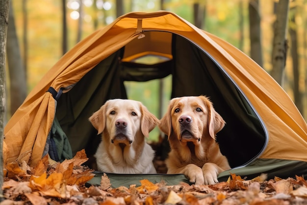 Dos perros en una carpa con hojas en el suelo.