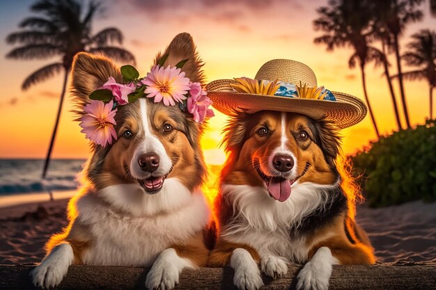 Foto dos perros corgis galeses con sombrero de corona de flores en una playa tropical ai generativo