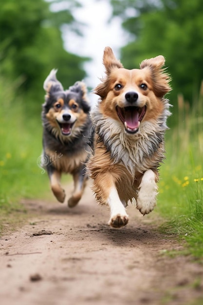 dos perros corriendo en un campo con las palabras perro feliz y las palabras el perro