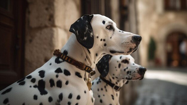 Dos perros dálmatas se sientan en una puerta, uno de los cuales lleva un collar que dice 'dálmata'