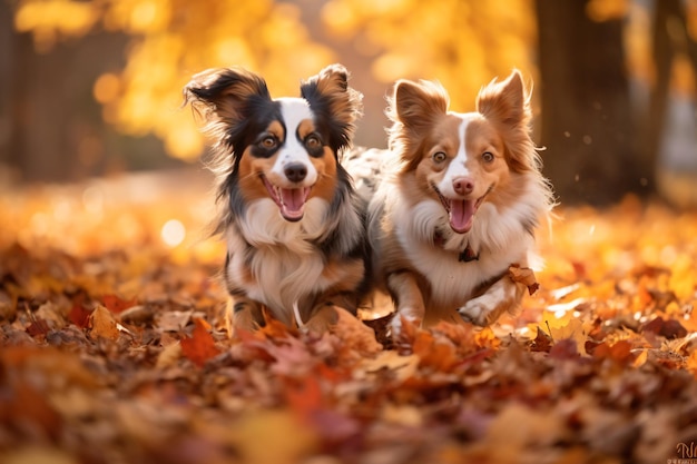 dos perros están acostados en las hojas