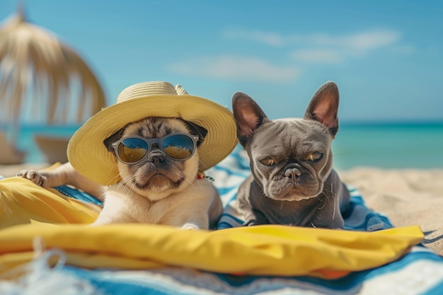 Foto dos perros están acostados en una toalla y uno está usando un sombrero de paja