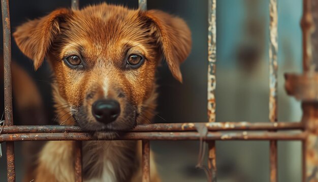 Dos perros están mirando a la cámara a través de una jaula de metal