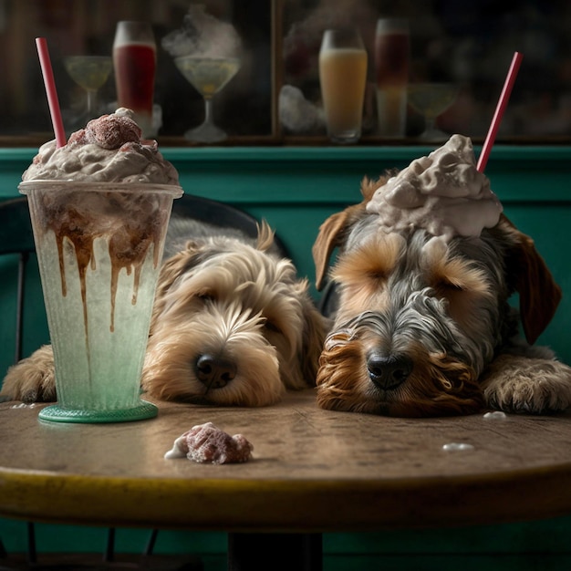 Dos perros están sentados en una mesa con un gran cono de helado encima.