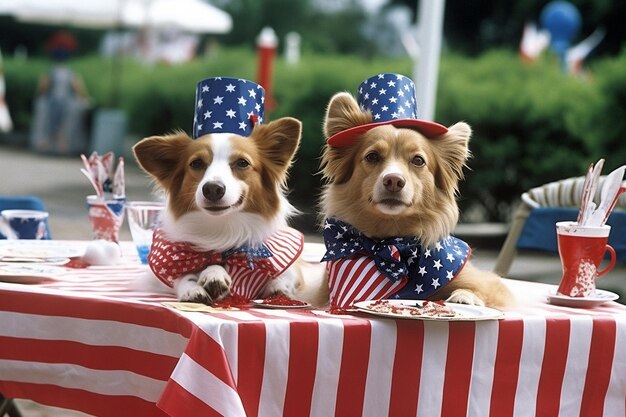 Dos perros están sentados en una mesa con un plato de comida.