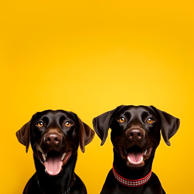 Foto dos perros felices jadeando sobre un fondo amarillo con espacio de copia