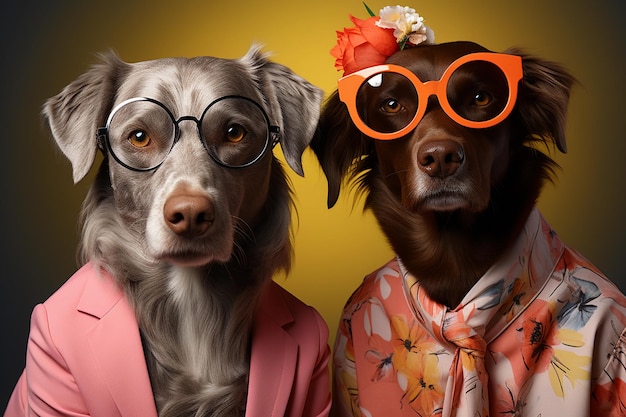 Dos perros con gafas y una chaqueta rosa sobre un fondo amarillo