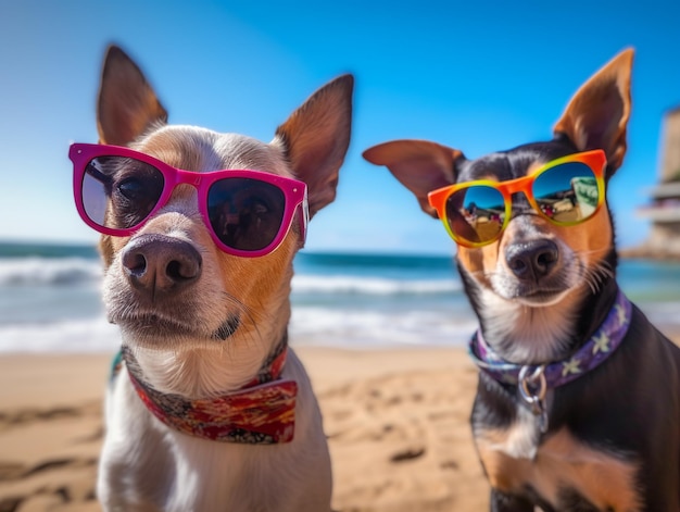 Dos perros con gafas de sol en la playa