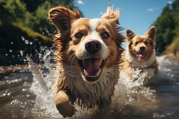 Dos perros golden retriever corriendo en el agua de la montaña rivergenerative ai