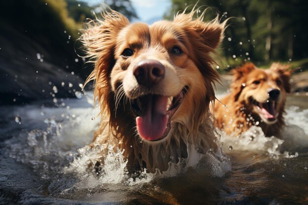 Dos perros golden retriever corriendo en el agua de la montaña rivergenerative ai