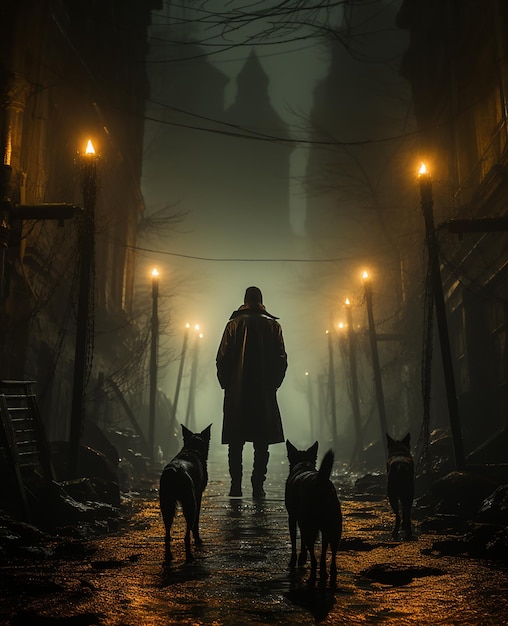 dos perros y un hombre caminando por una calle con niebla