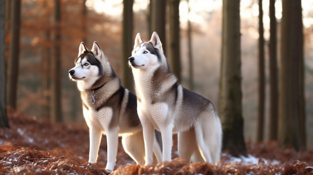 Dos perros husky se paran en el bosque en invierno