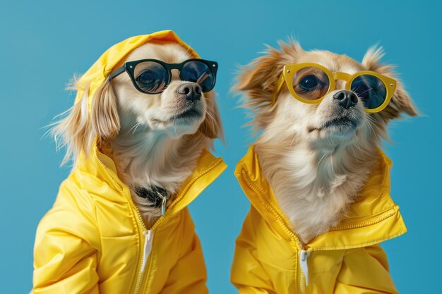 Foto dos perros con impermeables amarillos y gafas de sol perfectas para blogs de moda para mascotas o anuncios de accesorios para animales