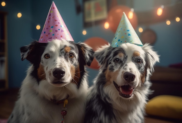 Dos perros en el interior con pañuelos de cumpleaños festivos mascotas de raza pura en la fiesta de aniversario de júbilo Generar ai