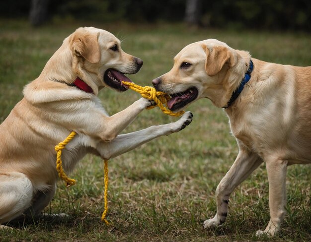 Foto dos perros jugando con una cuerda amarilla y el otro perro está llevando una corda amarilla alrededor de su cuello