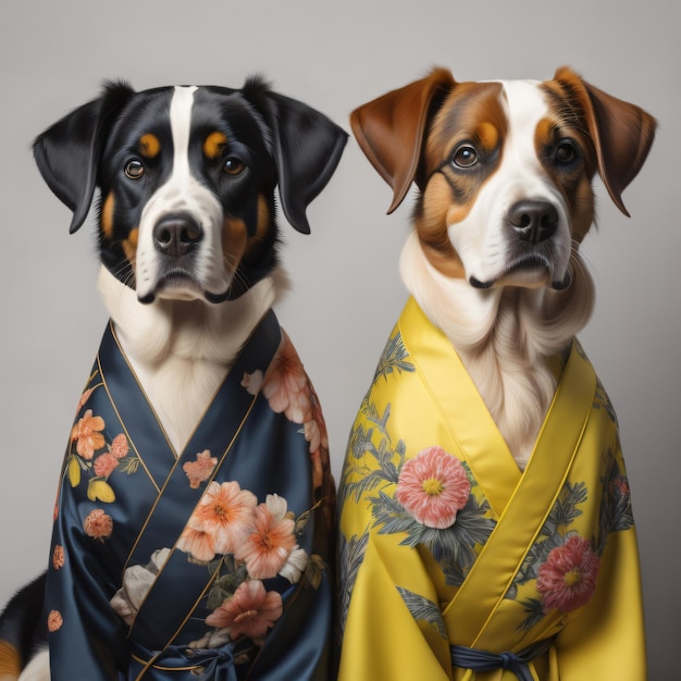 Dos perros con kimonos, uno con kimono.