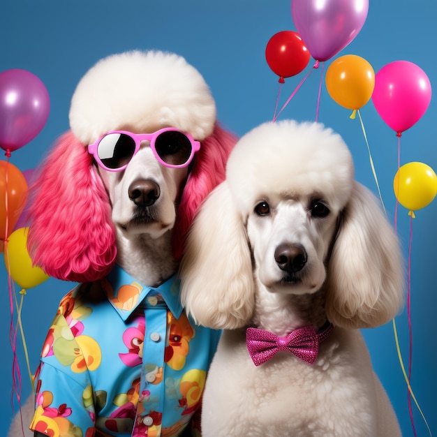 Foto dos perros lindos con gafas de sol y peluca