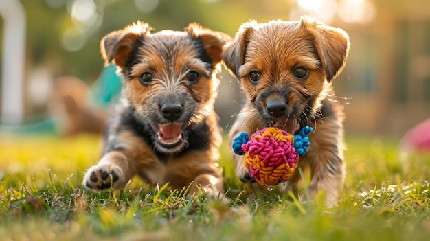 Dos perros pequeños jugando con una pelota en la hierba