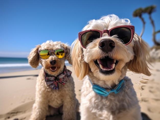 Dos perros en la playa con gafas de sol.