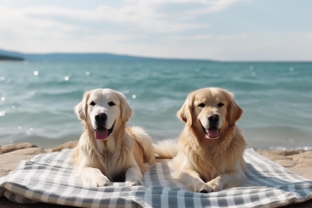 Dos perros en una playa con el mar de fondo