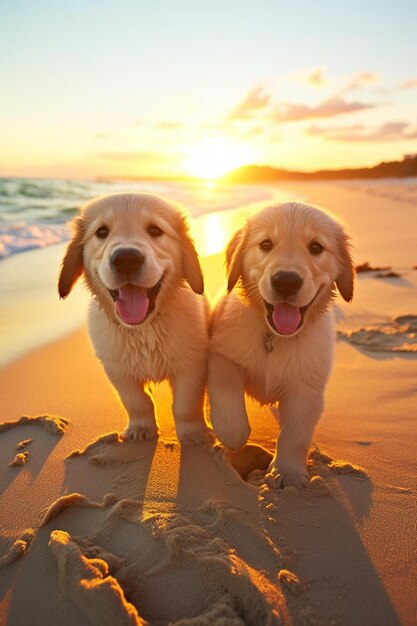 dos perros en la playa con el sol poniéndose detrás de ellos