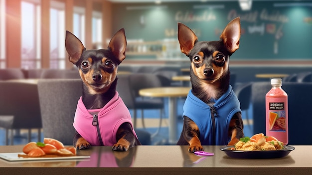 Dos perros en un restaurante con un menú de fondo.