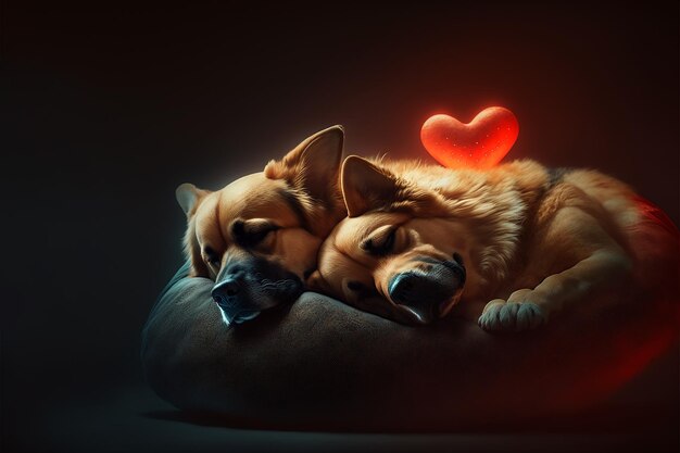 Dos perros románticos durmiendo en una almohada roja en forma de corazón iconos de corazón volando alrededor IA generativa