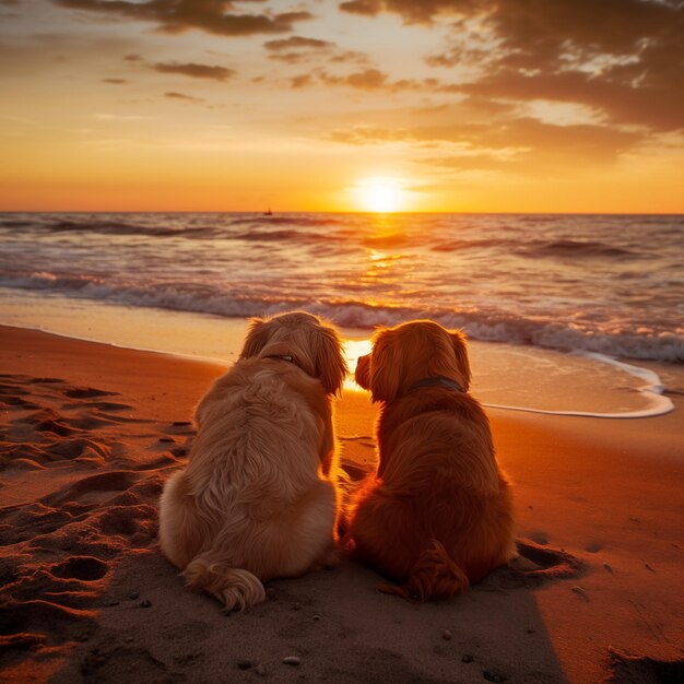 Dos perros sentados en la playa al atardecer