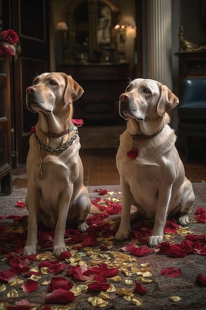 Dos perros se sientan en una alfombra con flores rojas en el suelo.