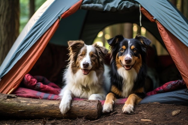 Dos perros en una tienda de campaña en el bosque Camping en la naturaleza IA generativa