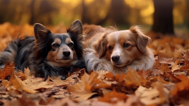 Dos perros tirados en hojas