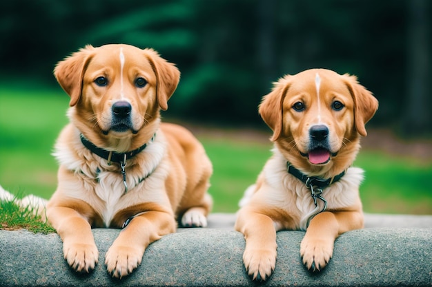 Dos perros tirados en una repisa, uno de los cuales es el golden retriever.