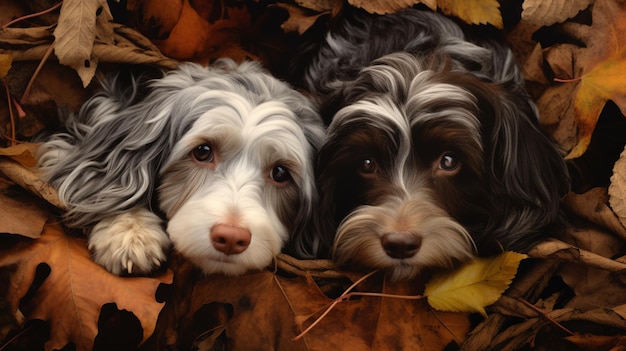 Dos perros tumbados en hojas Pembroke Welsh Corgi cachorro con perro pastor alemán en otoño