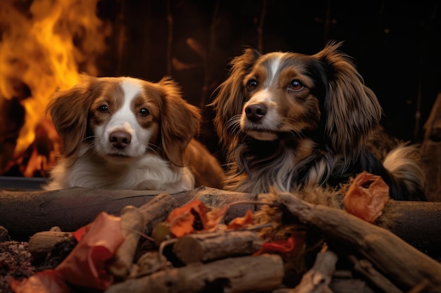 Dos perros tumbados junto a una hoguera.