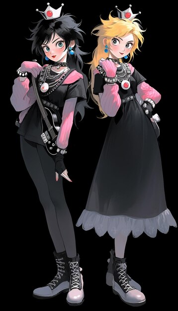 Dos personajes de anime vestidos con trajes negros y rosados AI Generative