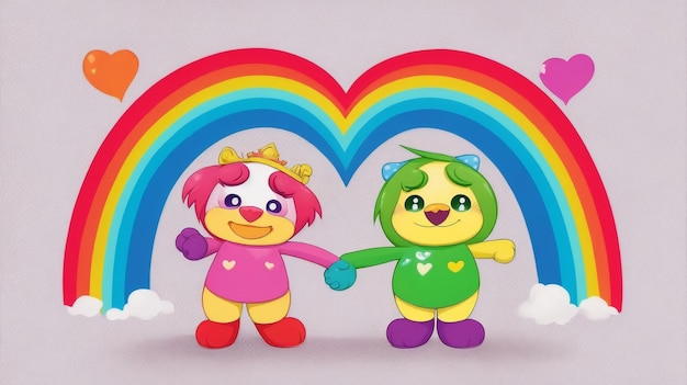 Dos personajes de dibujos animados de corazón tomados de la mano sobre un arco iris por Generative AI
