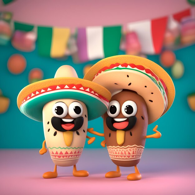 Foto dos personajes de dibujos animados con sombreros y decoración mexicana