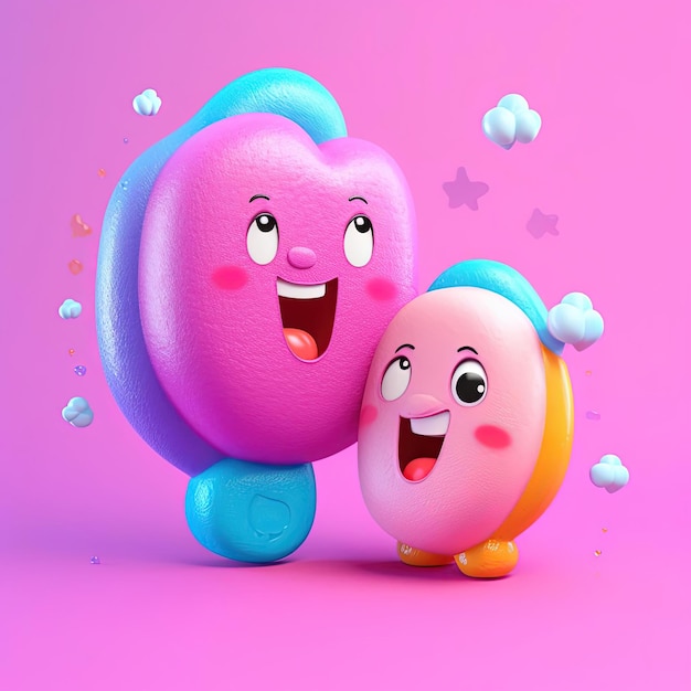 dos personajes rosados sosteniendo el arco iris y la ilustración de la nube en el estilo del humor se encuentra con el corazón