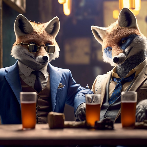 Dos personajes de zorros están parados en un bar con vasos de cerveza.