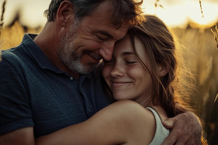 Dos personas se abrazan cálidamente en un campo dorado al atardecer AI generativa