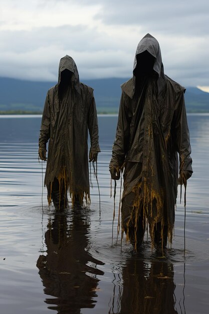 dos personas con abrigos negros de pie en el agua