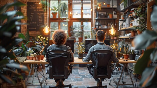 Dos personas absortas en el trabajo en medio de vibrantes plantas de interior