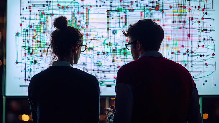 Foto dos personas analizan visuales de datos complejos en una pantalla que muestra la colaboración en tecnología e innovación