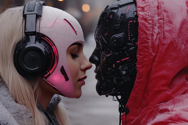 Dos personas con auriculares mirándose el uno al otro representando la intersección de la tecnología musical y